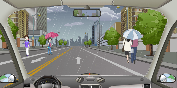 在雨天经过积水路面时,特别是行经两侧有行人或非机动车时,要减速慢行